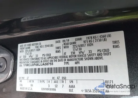 2020 Ford Escape S из США, поврежденный, VIN 1FMCU0F66LUA08755